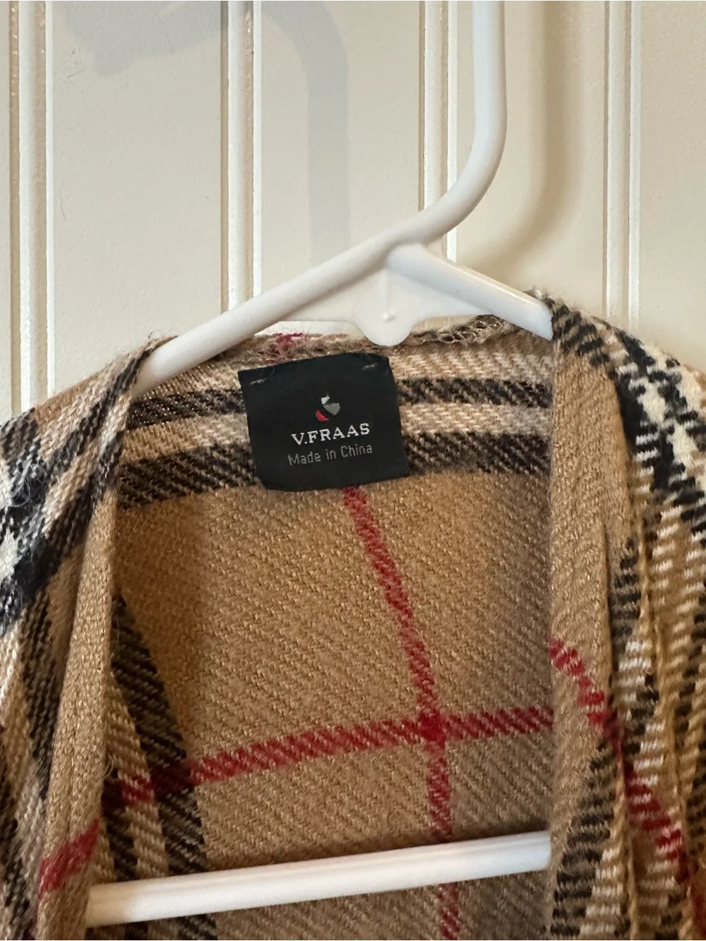 V. FRAAS Camel Plaid Fringe Wrap Cape
